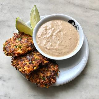 Robyn Bach Cooks: Carrot Frisbee Fritters with Peanut Butter Satay Sauce.